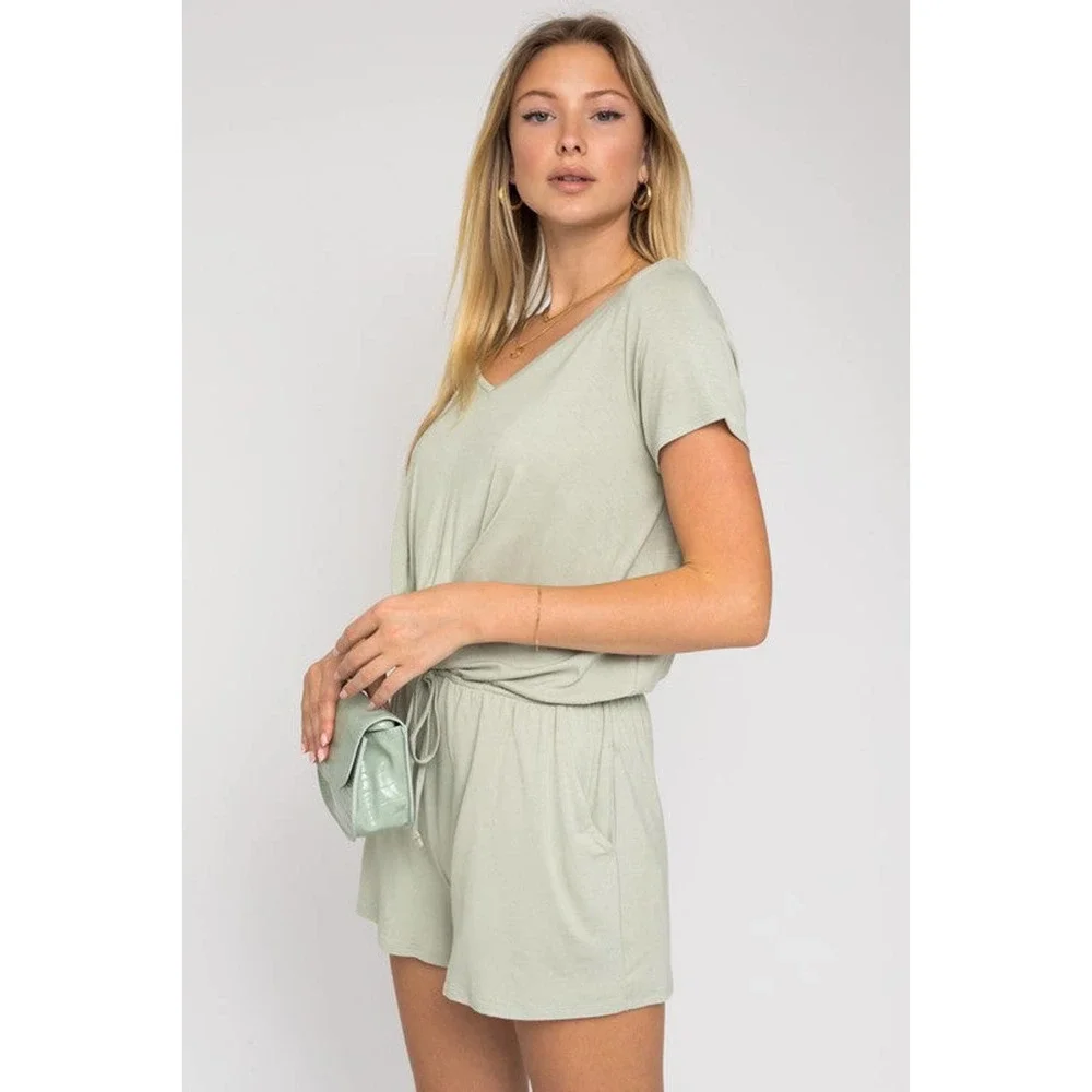 GILLI Short Sleeves V-Neckline Front Overlap Romper with Pockets in Sage - Picture 4 of 10